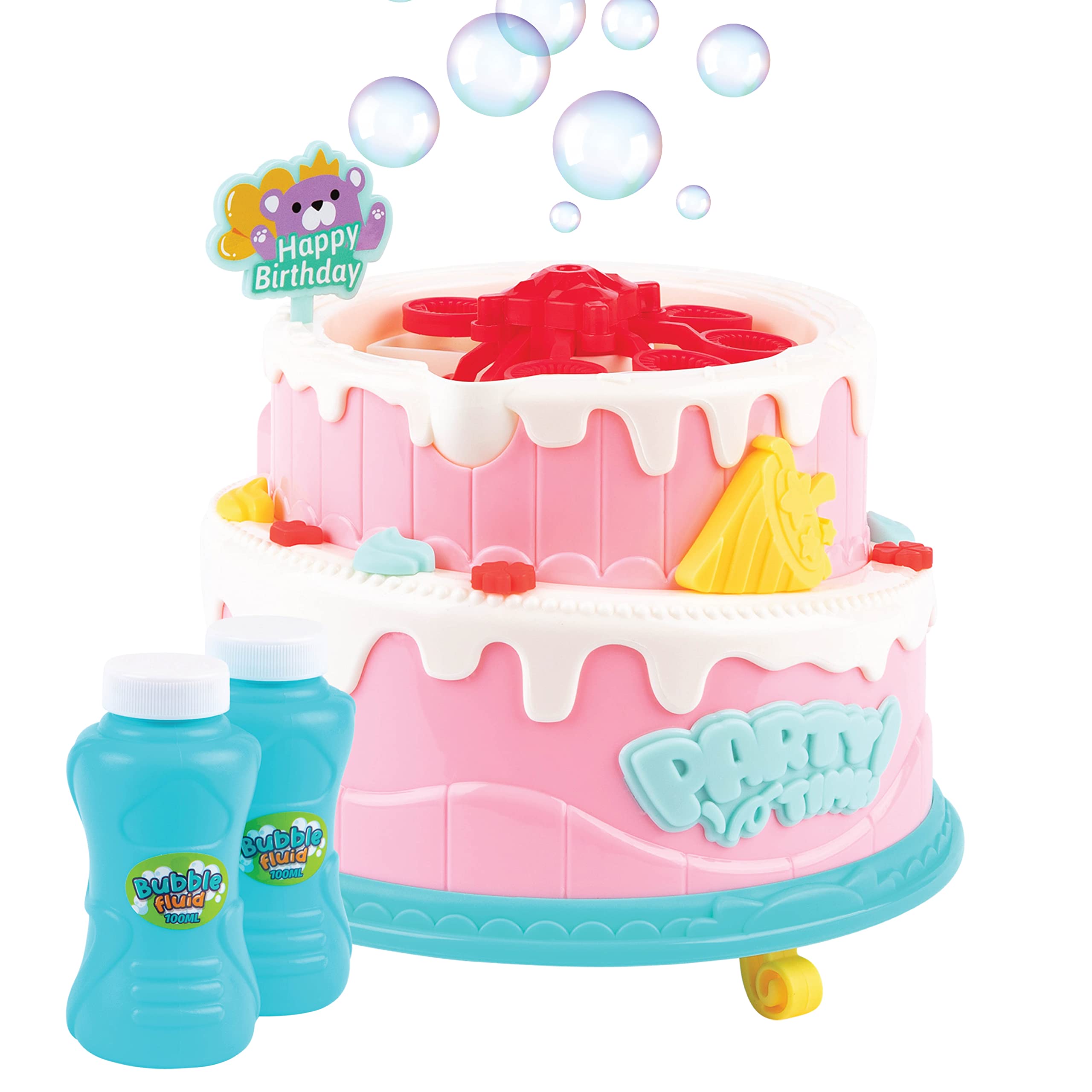 Madzee Cake Bubble Machine for Kids & Toddler Toys – Bubble Maker Blower with Lights and Music for Girls Birthday Parties – includes 2 Bottle Bubble Solution